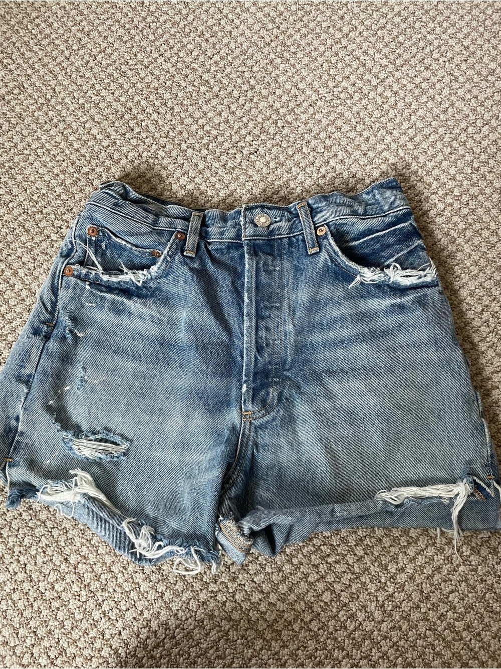 Agolde Light Blue Distressed High-Rise Denim Shorts